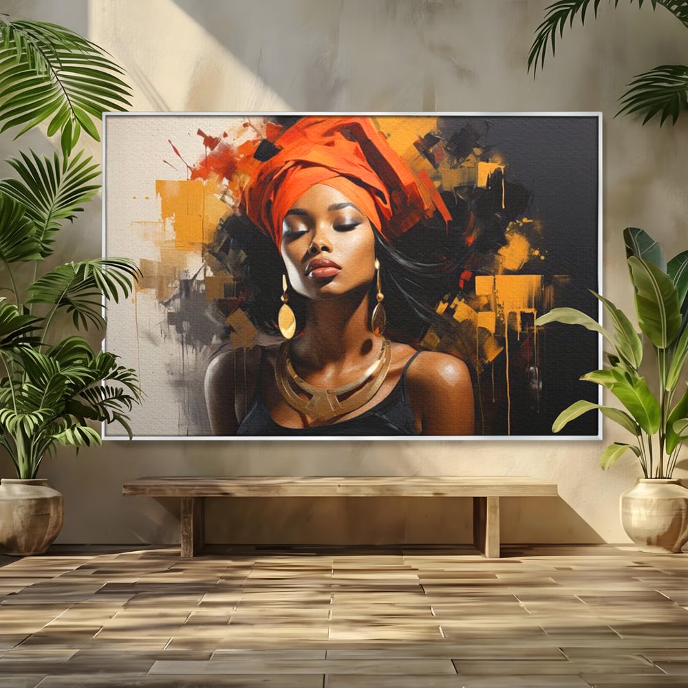 Tablou canvas cu tablou canvas cu femeie si turban, in rama de aluminiu argintiu